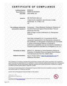 UL NFPA2112 Certificate of Compliance | XM SilverLine - Reflective Tape ...