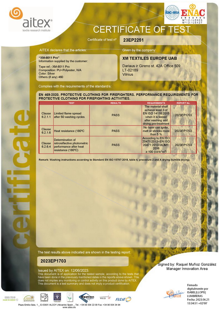 XM-8011 PRO: EN 469 (50×75°C)