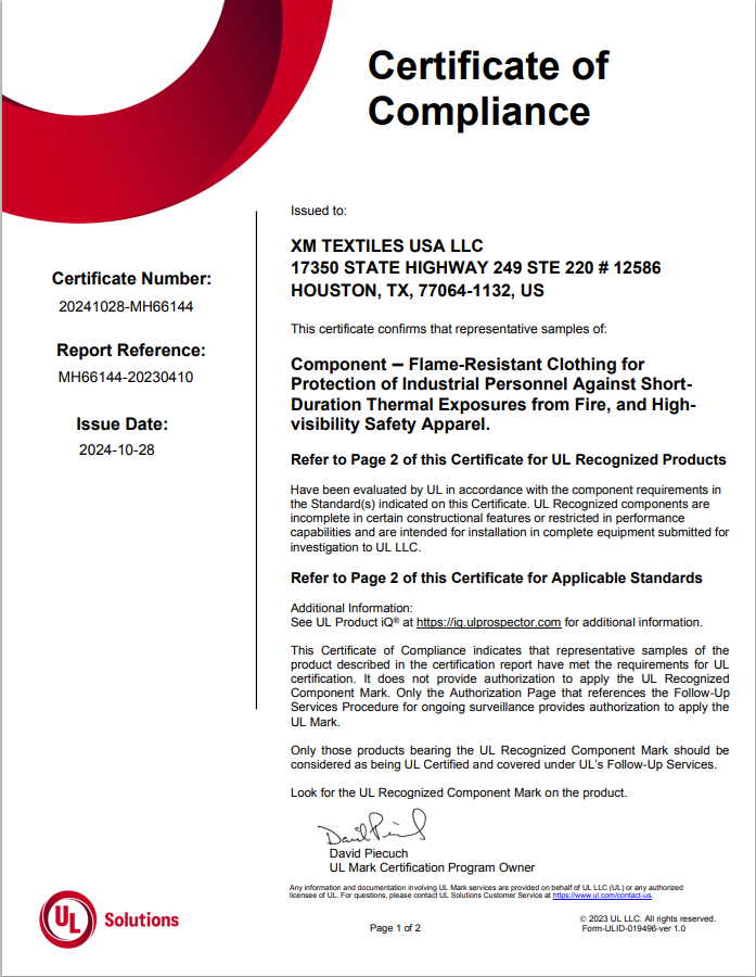 UL NFPA2112 Certificate of Compliance