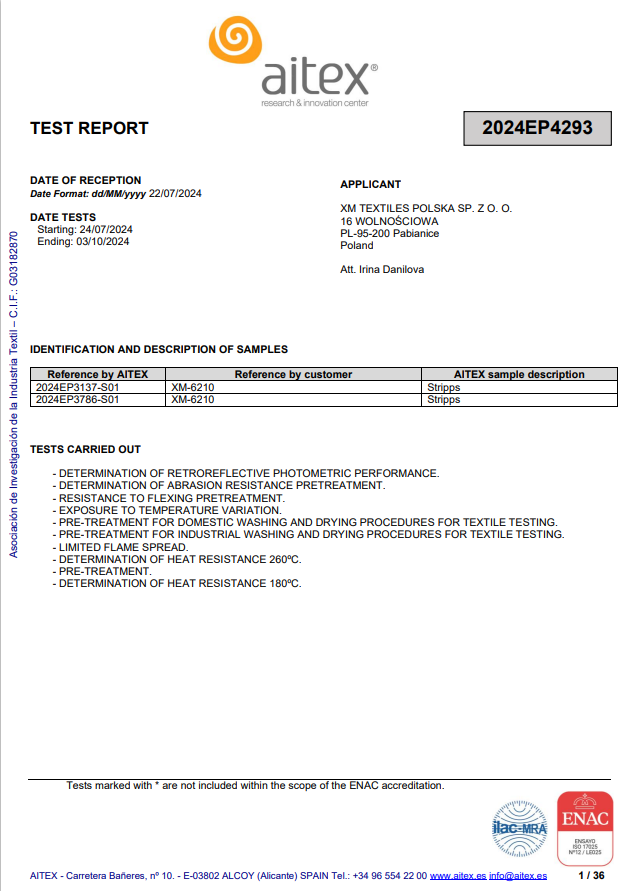 XM-6210: EN 20471, EN 469, EN 15384 test report (50x60°C,  25x75°C)